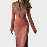 Soli | Vestido Largo de Ante con Bordado de Flecos