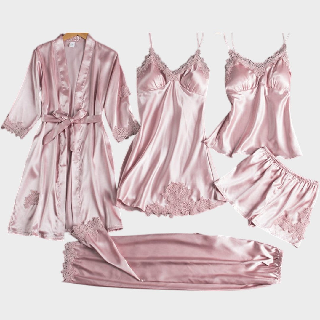 Rebecca | Conjunto de Pijama de 5 Piezas de Encaje Satinado