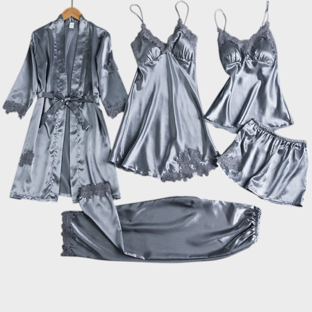 Rebecca | Conjunto de Pijama de 5 Piezas de Encaje Satinado